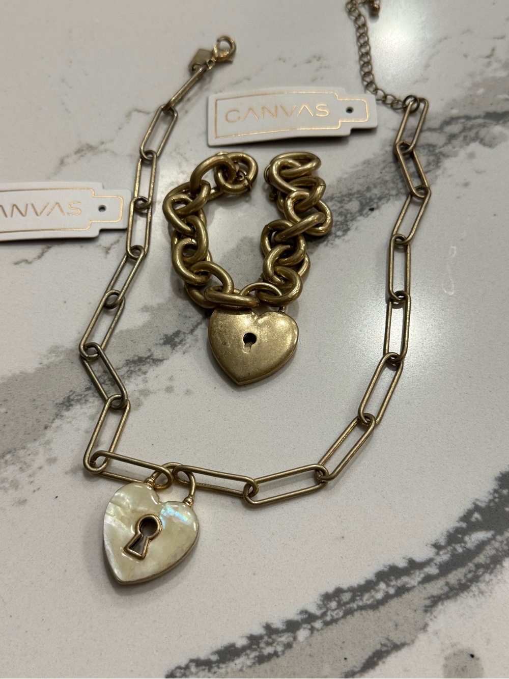 Bella Canvas Gold tone  Heart Padlock Necklace with Mother-of-Pearl Charm SET